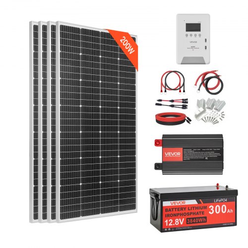 

VEVOR Kit solaire complet hors réseau 800W 12V, avec 4 panneaux solaires monocristallins 200W, batterie LiFePO₄ 12,8V 300Ah, contrôleur de charge MPPT 60A et onduleur 2000W, pour camping-car, maison