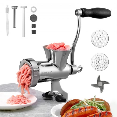 

VEVOR Hachoir à Viande Manuel en Inox 304, Hachoir Manuel à Manivelle avec Serre-joint de Table, Poussoir à Saucisses avec 2 Plaques de Broyage et Tube à Saucisses, pour Bœuf Chili Porc, Boucherie