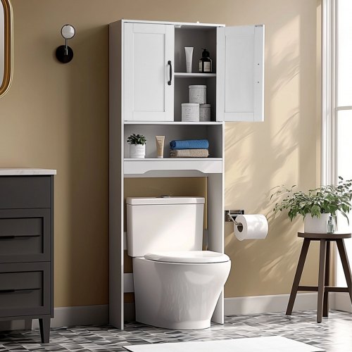 

VEVOR Meuble de Rangement WC Hauteur 165,1 cm, Rangement au Dessus des Toilettes ou Machine à Laver, avec Double Porte et Étagère Réglable Ouverte, Armoire de Salle de Bain Gain de Place, Blanc