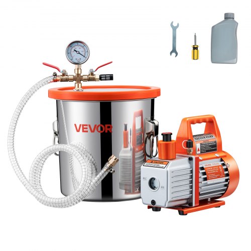 

VEVOR Pompe à Vide 110 L/min avec Chambre à Vide de Dégazage 11,36 L, Couvercle Verre Trempé, Kit Pompe à Vide 1 Étage avec Tuyau 1,5 m, Huile, pour Stabilisation du Bois, Dégazage, Résine de Silicone