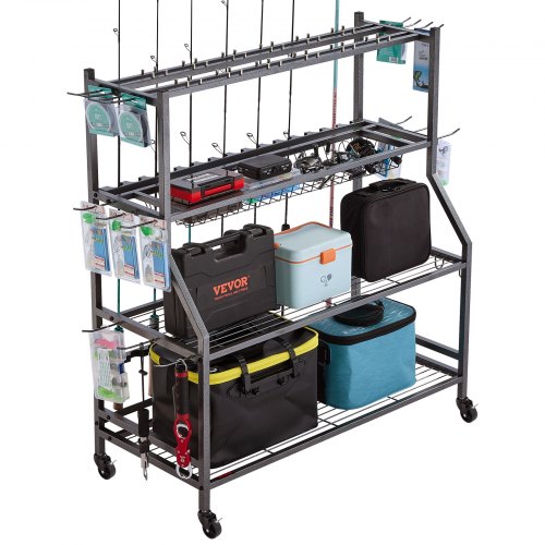 

VEVOR Support de canne à pêche à 15 pôles, chariot mobile à roulettes pour canne à pêche, pour garage, maison, intérieur, pour rangement de boîtes de pêche, moulinets, accessoires, cadeaux pour hommes