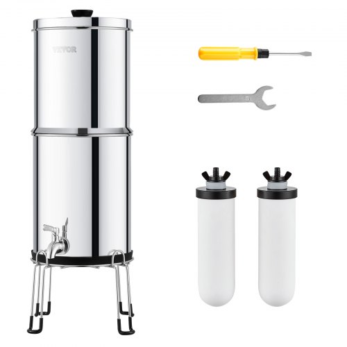 

VEVOR Système de Filtration d'Eau par Gravité 8,5 L, Filtre à Eau par Gravité Réduction du Plomb et jusqu'à 99 % du Chlore, en Inox 304, avec 2 Filtres à Charbon et Céramique, Robinet et Support