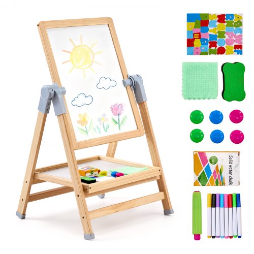 

VEVOR Chevalet d'Art Enfants 2-en-1 Tableau Magnétique Blanc Noir Double Face, Planche à Dessin en Bois Amovible Rotative Réglable avec Accessoires, pour Créativité, Gribouillage, Garçons, Filles