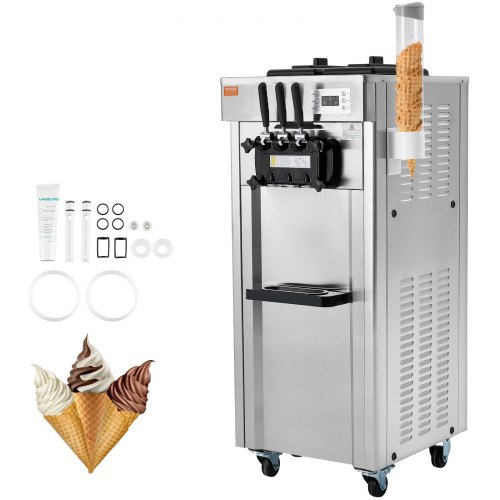 VEVOR Machine à Crème Glacée Commerciale 21-31 L/h 1670 W 3 Saveurs, Trémie 2x4,3 L, Panneau LED à Nettoyage Automatique, Réfrigération de Nuit, pour Yaourt Café Snack-Bar