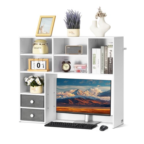 

VEVOR Étagère à Poser sur Bureau à 3 Niveaux, Bibliothèque de Bureau 94 x 25,4 x 79,2 cm, Organisateur de Bureau avec 2 Tiroirs en Tissu, Support de Rangement Stable pour Maison Dortoir Bureau, Blanc