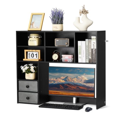 

VEVOR Étagère à Poser sur Bureau à 3 Niveaux, Bibliothèque de Bureau 94 x 25,4 x 79,2 cm, Organisateur de Bureau avec 2 Tiroirs en Tissu, Support de Rangement Stable pour Maison Dortoir Bureau, Noir