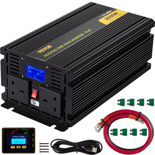 VEVOR Convertisseur Pur Sinus 2000W DC12V à AC240V Convertisseur à Onde Sinusoïdale en Alliage d'Aluminium avec Télécommande Transformateur de Tension pour Ordinateur Télévision Appareil Électriques
