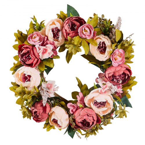 

VEVOR Couronne décorative artificielle, 48,26 cm, couronne de fleurs artificielles, rose, décorée de pivoines, hortensias, gypsophile, pour toutes les saisons, pour maison, fenêtre, festival, mariage