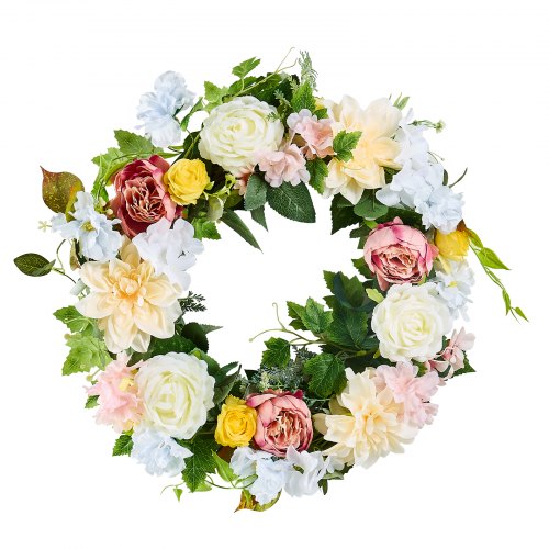 

VEVOR Couronne décorative artificielle, 60,96 cm, couronne de fleurs artificielles, blanc rose jaune, décorée de pivoines, hortensias, pour toute l'année, décorations murales, pour maison, fenêtre