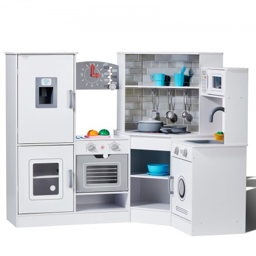 

VEVOR Cuisine pour Enfants, Ensemble Cuisine d'Angle en Bois, Lumières, Sons, Machine à Glaçons, Four, Évier, Horloge, Micro-ondes, Réfrigérateur, pour Tout-petits, Enfants d'Âge Préscolaire, Blanc