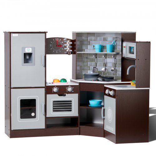 

VEVOR Cuisine pour Enfants, Ensemble Cuisine d'Angle en Bois, Lumières, Sons, Machine à Glaçons, Four, Évier, Horloge, Micro-ondes, Réfrigérateur, pour Tout-petits, Enfants d'Âge Préscolaire, Marron