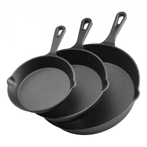 

VEVOR Poêle en Fonte Lot de 3PCs 16 cm/22 cm/26,5 cm, Sauteuse Pré-assaisonnée avec Poignée Résistante à la Chaleur, Ustensiles de Cuisine Restaurant, pour Four, Gaz, Électrique, Induction, Noir
