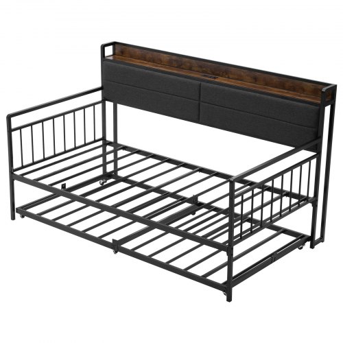 

VEVOR Cadre de Lit de Jour Jumeau en Métal Robuste, Lit Gigogne Jumeau sans Matelas, avec Roues, Station de Charge et Support à Lattes Métalliques, pour Repos Couchage, Salon, Chambre d'Amis