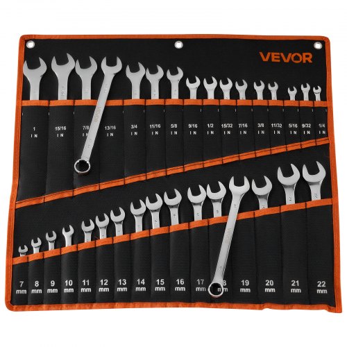 

VEVOR Jeu de Clés Mixtes 32PCs, Clé Polygonale à Fourche SAE et Métrique, pour Réparation Domestique et Automobile, Extrémité Œil 12 Pans et Plate, en Acier au Carbone, avec Trousse Enroulable