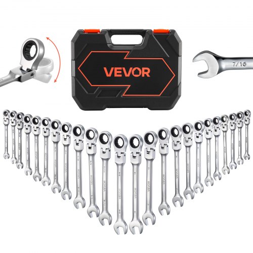 

VEVOR Jeu de Clés Mixtes 24 Pièces, Clé Plate à Cliquet avec Tête Flexible, pour Réparation Domestique et Automobile Atelier, SAE et Métrique, 72 Dents, en Acier Cr-V, avec Coffret de Rangement
