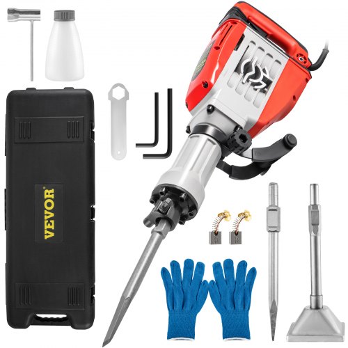 VEVOR Marteau Piqueur 95 A Marteau de Démolition Électrique 3800 W Marteau Démolisseur 3 Burins Démolition & Cassage Horizontal & Vertical Ébréché Perçage Trous dans Béton Blocs Briques Tuiles Stuc
