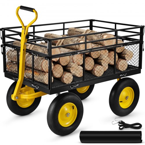 VEVOR Chariot de Jardin Transport 635 kg Charrette Remorque Acier 4 Roues Panier Maille Fer 112x75x4