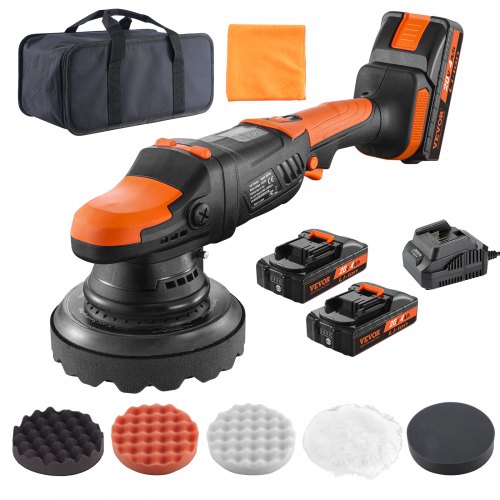 VEVOR Polisseuse Sans Fil 20 V, Polisseuse Sans Balais 150 mm à Double Action, Kit de Polisseuse Orbitale Aléatoire à 6 Vitesses Variables pour l'Entretien, le Cirage et le Polissage des Voitures