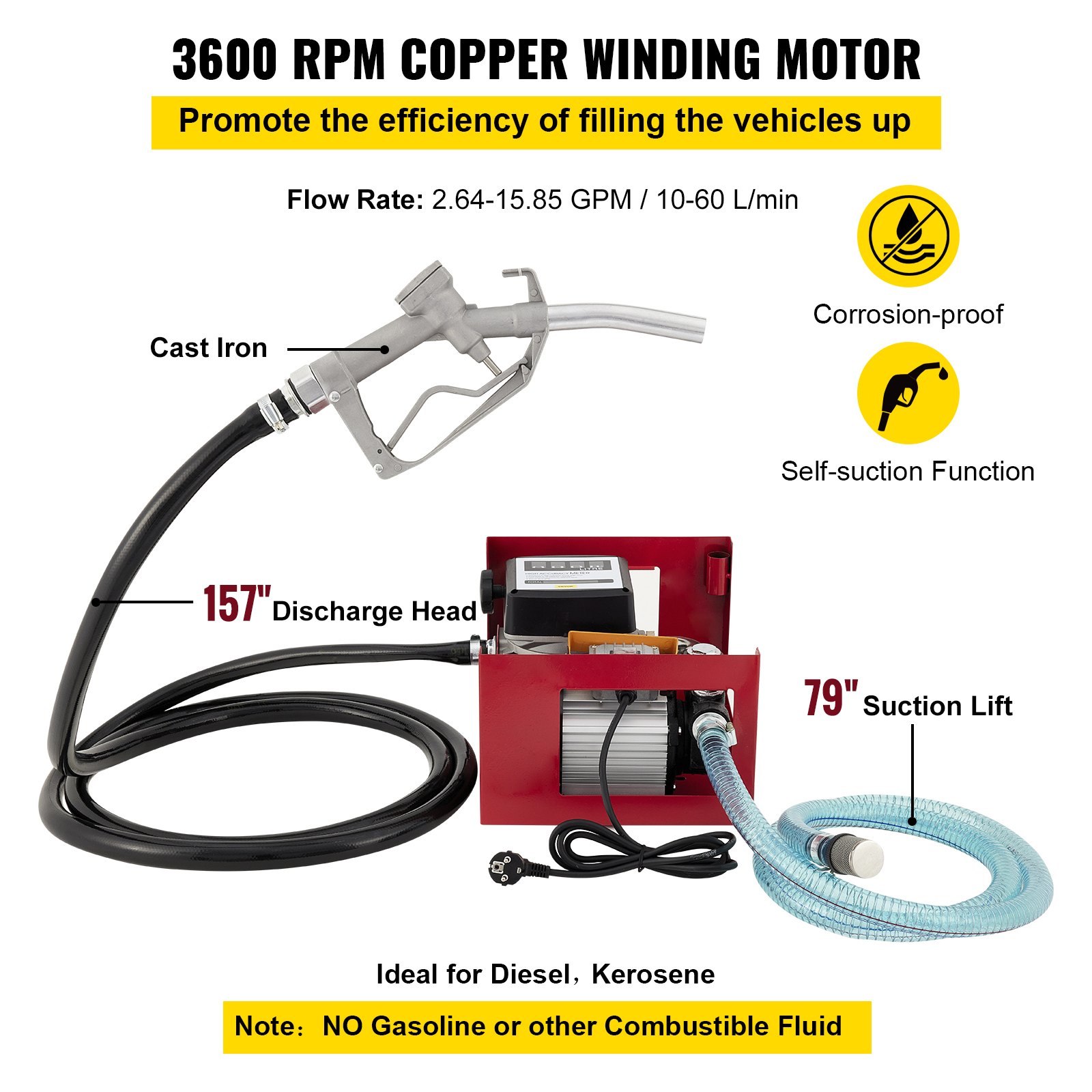 Pompe à Transfert Diesel VEVOR 12V - 37,8 L/min - Arrêt Auto - Pour Diesel, Kérosène - 4m Tuyau
