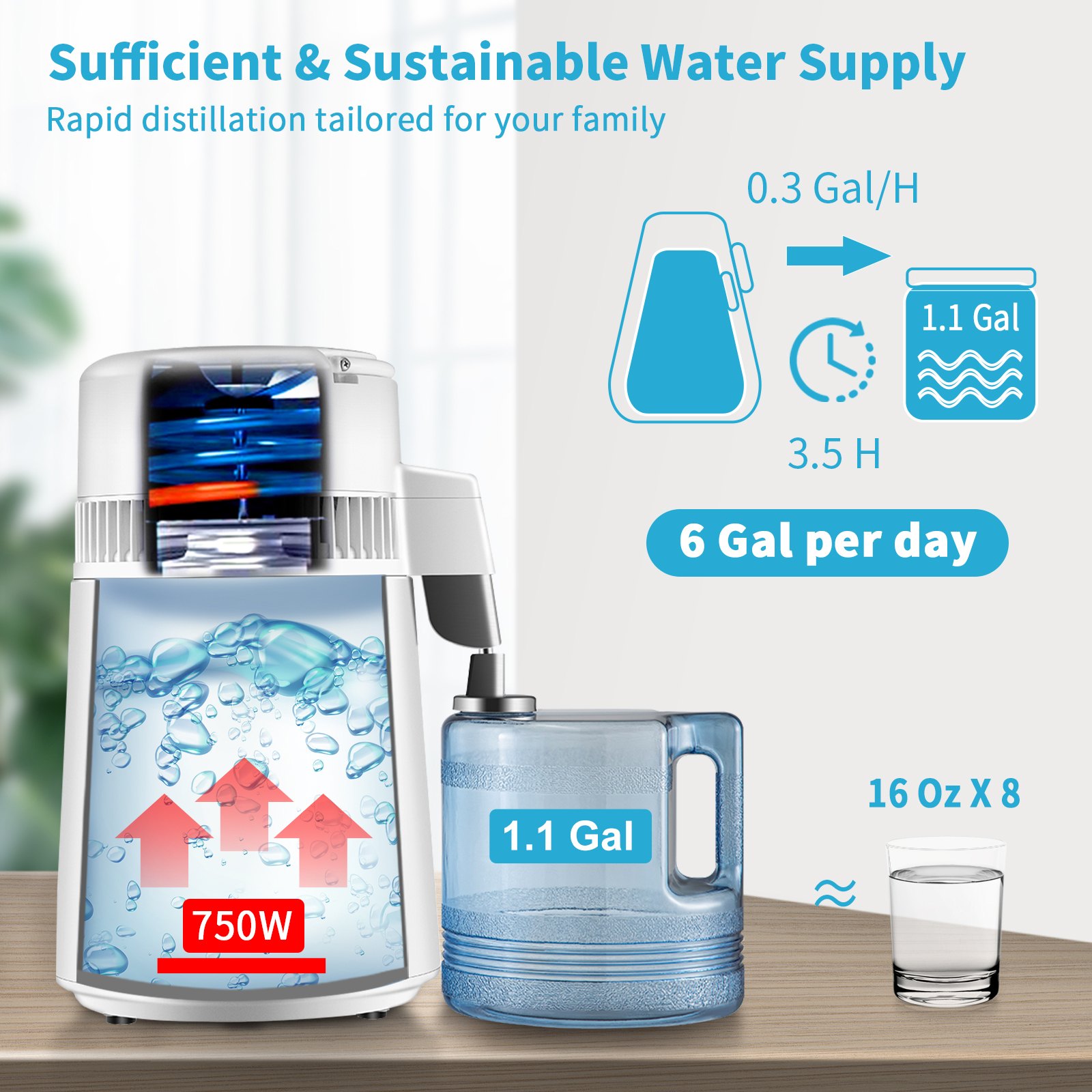 Distillateur D'Eau 750W 4L Avec Réglage Température - Machine à Eau Distillée Maison En Acier Inoxydable, Purificateur Sans BPA