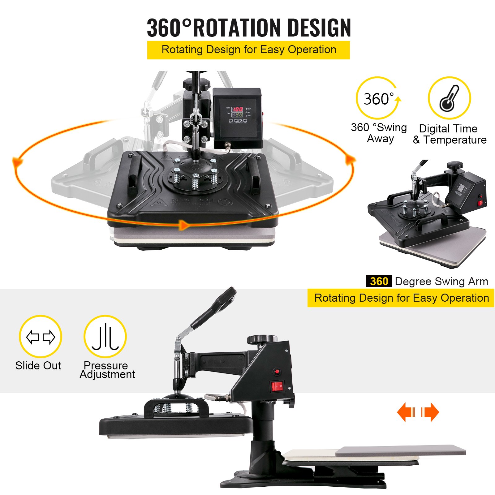 Presse à chaud 8 en 1 15 x 15 pouces pour t-shirts, presse à chaud pivotante à 360° pour sublimation, vinyle et transfert thermique