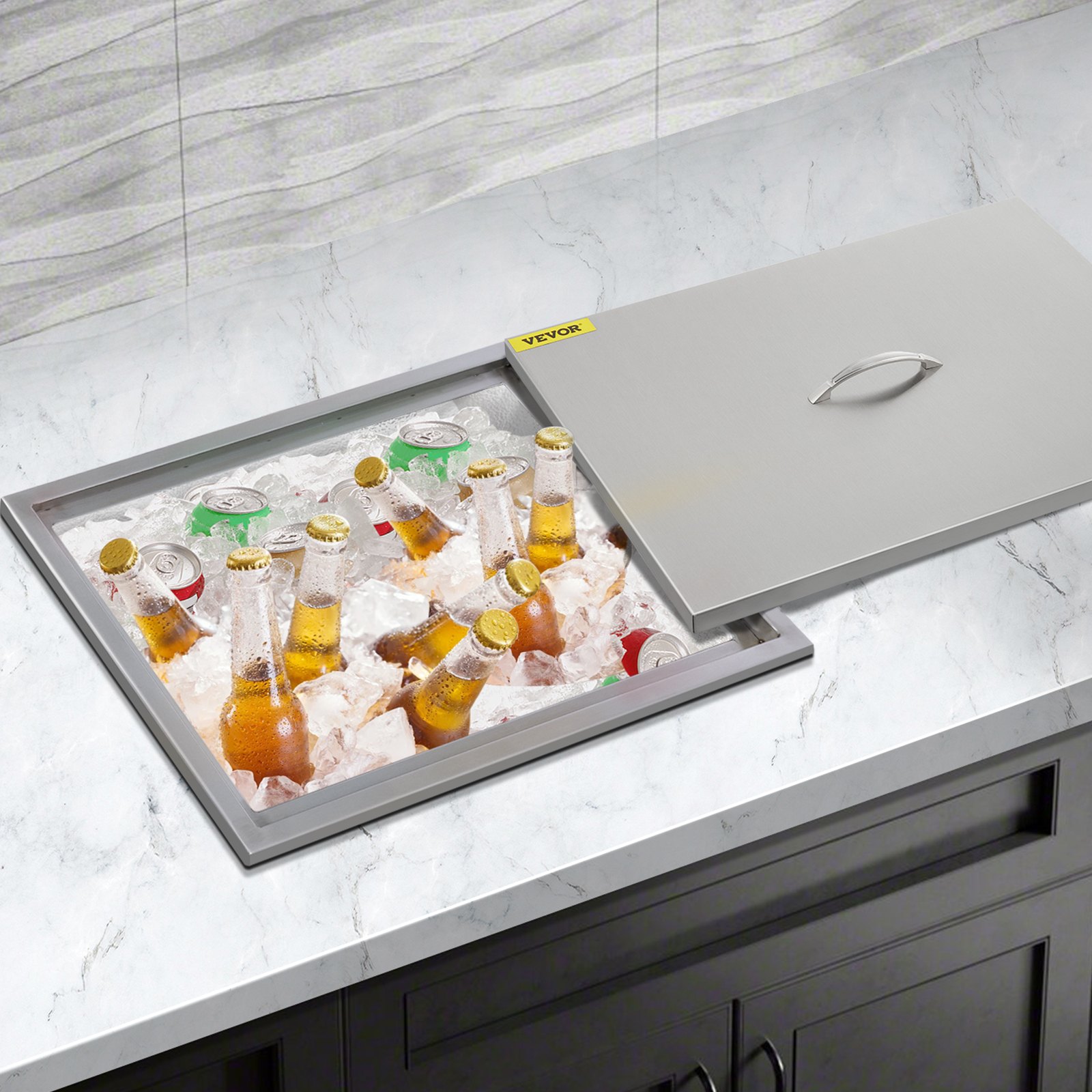 Bac à Glace Encastrable 26,7 L 456x304x371 mm Boîte Isotherme pour Glace avec Couvercle en Inox Alimentaire Conservateur à Glaçons pour Boissons Bières Fraîches Cuisine Extérieure Bar Domicile | FR