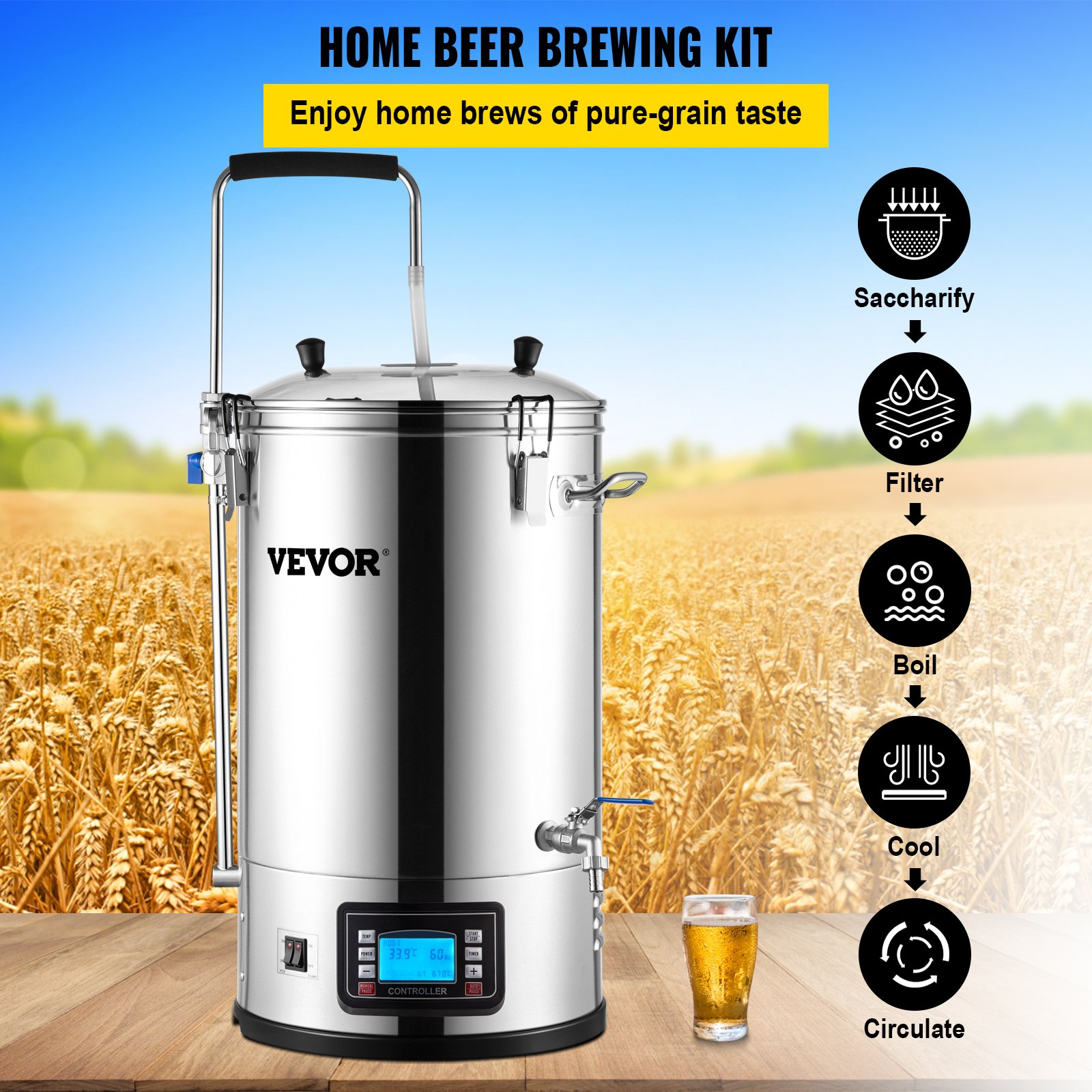 VEVOR Système de production de bière, dispositif de production de bière fermenteur en acier inoxydable capacité 30 L, fermenteur à godet à bière, accessoires pour production de bière