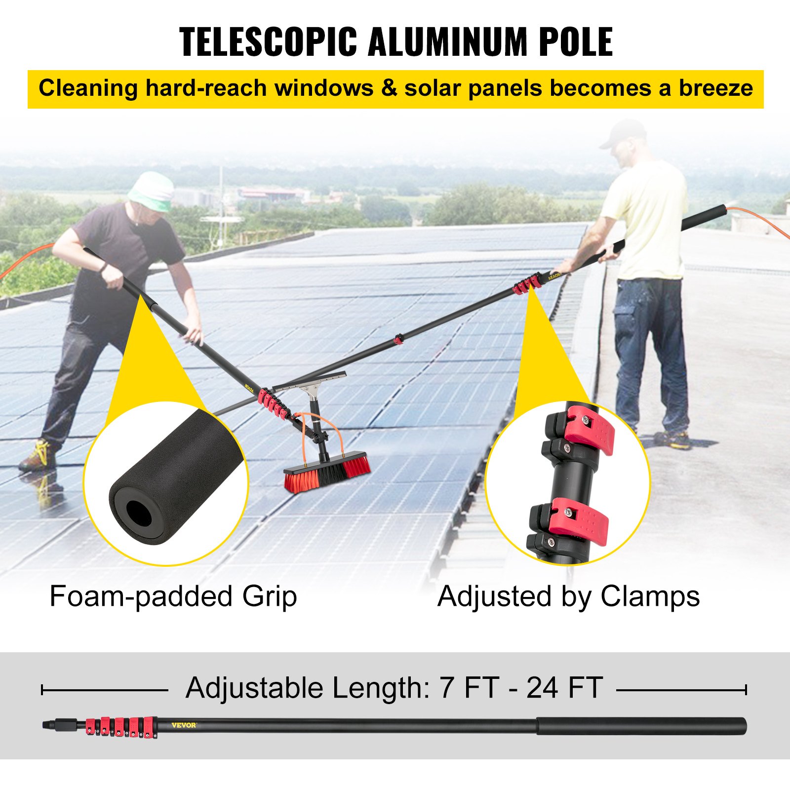 Perche Télescopique Nettoyage 6m - Pour Panneaux Solaires Et Vitres - Brosse 55cm Alimentée Eau