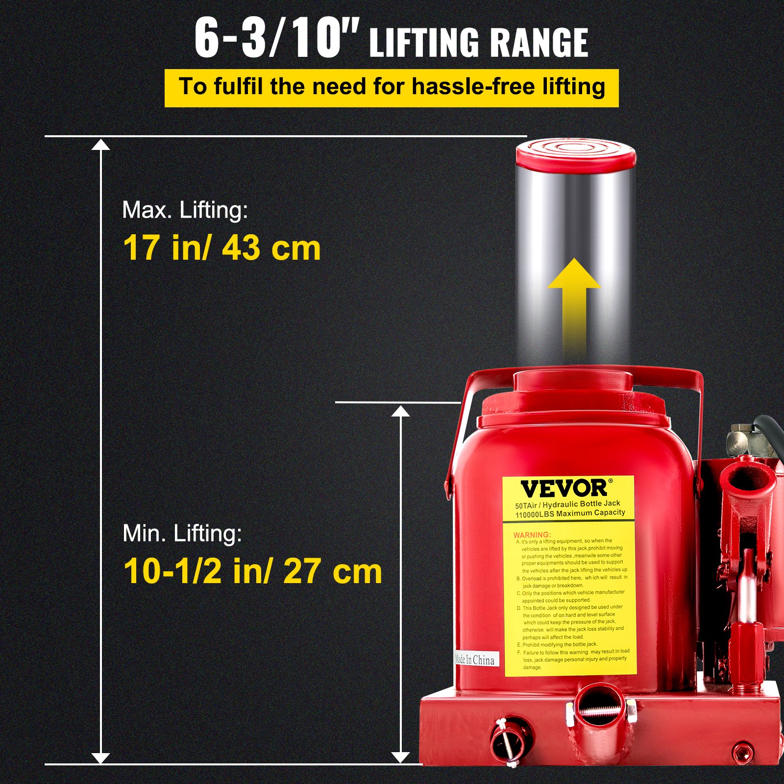 Cric Bouteille Hydraulique Pneumatique 12 Tonnes VEVOR - Levage 265-505 Mm - Pour Camion, Pick-up, Camping-Car