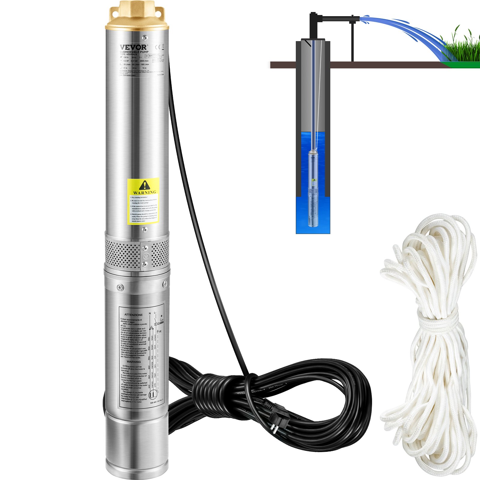 Pompe Immergée Puits 180W - Débit 1000L/H - Hauteur 30m - Inox IP68 - Silencieuse - Pour Jardin, Irrigation, Ferme, Maison