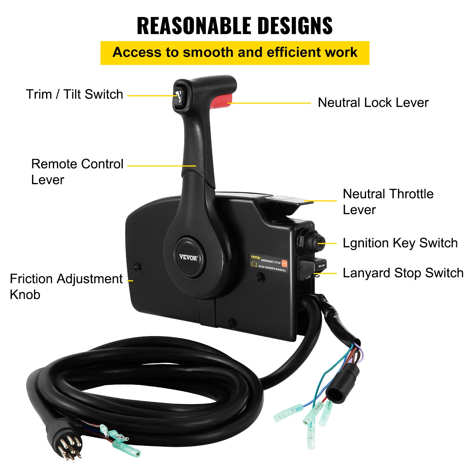 Boîte De Commande Latérale Mophorn Pour Hors-bord Mercury – 8 Broches, Câble 4,6 M, Avec Coupe-circuit