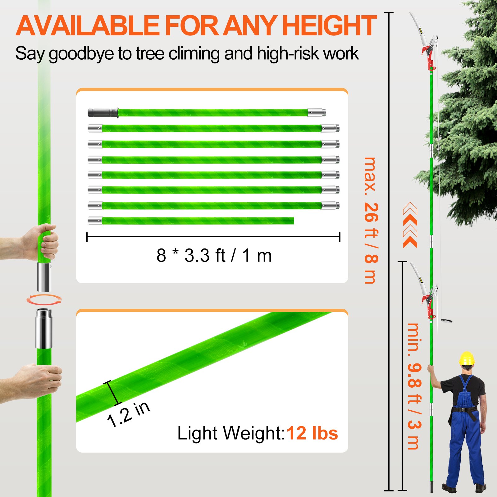 Scie D'élagage Télescopique 8m Avec Corde – Sécateur Inclus – Neuf