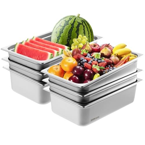

VEVOR Set Contenitore per Alimenti Antiaderente da Cucina Confezione 6 Pezzi, Vassoio Contenitore da Tavolo in Acciaio Inox Bacinelle Spessore 0,8mm per Catering Uso Commerciale Senza Coperchio