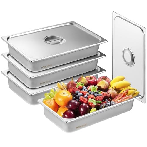 

VEVOR Set Contenitore per Alimenti Antiaderente da Cucina Confezione 4 Pezzi con Coperchio, Vassoio Contenitore da Tavolo in Acciaio Inox Bacinelle Spessore 0,8mm per Catering Uso Commerciale