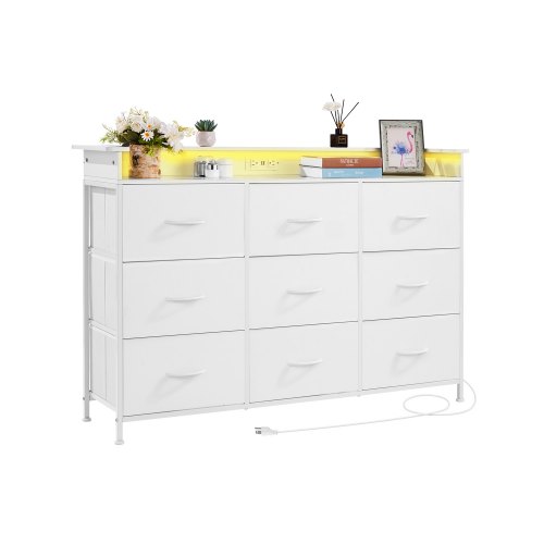 

VEVOR Cassettiera con 9 Cassetti, Cassettiera Alta con Contenitore in Tessuto, Cassetti Portaoggetti per Armadio Robusta Struttura in Metallo, Luci a LED e Presa Integrata, per Camera da Letto, Bianco