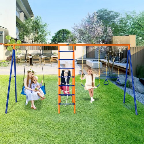 

VEVOR Altalena da Giardino, Altalena 6 in 1, Altalena in Metallo per Carichi Pesanti da Esterno con 2 Altalene, Barra a Trapezio, Scala da Arrampicata, Capacità di 200 kg per Bambini dai 3 Anni in Su