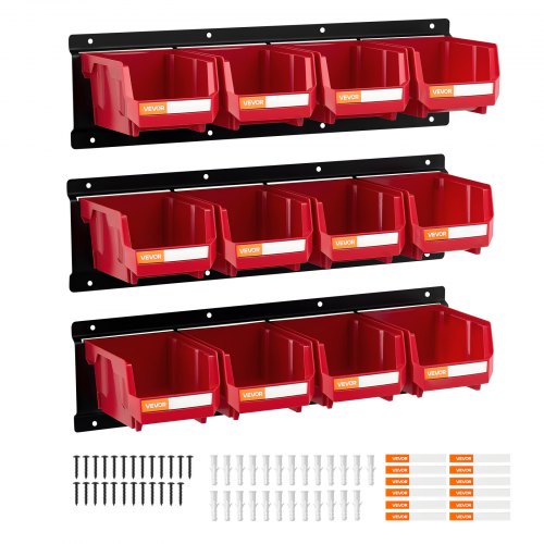 

VEVOR Contenitori Portaoggetti da Parete, 12 Contenitori in Plastica e 3 Guide in Metallo, Scatola Portaoggetti Impilabile Sospeso per Ferramenta per Officina, Stanza dei Lavori Manuali, Rosso