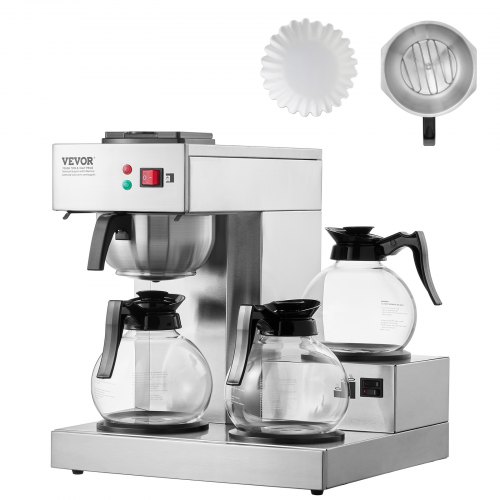 

VEVOR Macchina da Caffè Commerciale 3 Piastra Scaldavivande, Macchina da Caffè 3 Caraffe in Vetro Accessori Inclusi, Caffettiera a Filtro Commerciale in Acciaio Inox per Ristorante, Ufficio, Bar