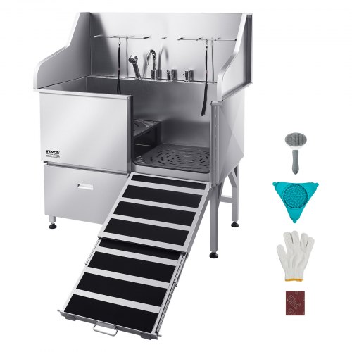 

VEVOR Stazione di Lavaggio per Cani in Acciaio Inox, Vasca per Toelettatura per Animali Domestici di Grandi, Medie e Piccole Dimensioni da 127 cm con Rampa, Rubinetto e Soffione Doccia, Porta Destra