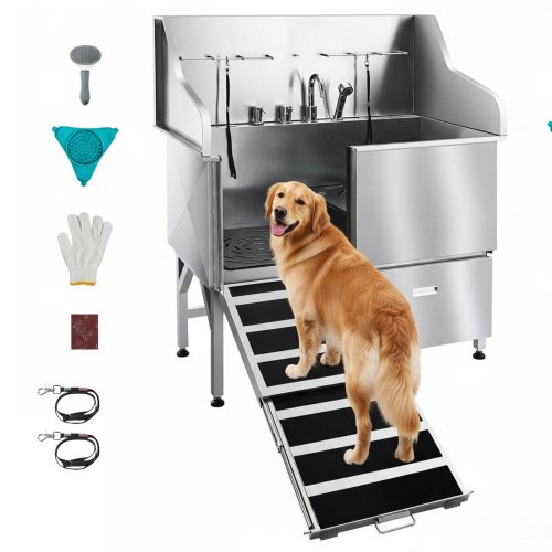 

VEVOR Stazione di Lavaggio per Cani in Acciaio Inox, Vasca per Toelettatura per Animali Domestici di Grandi, Medie e Piccole Dimensioni da 127 cm con Rampa, Rubinetto e Porta Sapone, Porta Sinistra