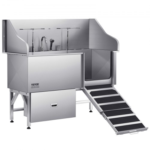 

VEVOR Stazione di Lavaggio per Cani in Acciaio Inox, Vasca per Toelettatura per Animali Domestici di Grandi, Medie e Piccole Dimensioni da 154,94 cm con Rampa, Pannello Filtro Acqua, Porta Destra
