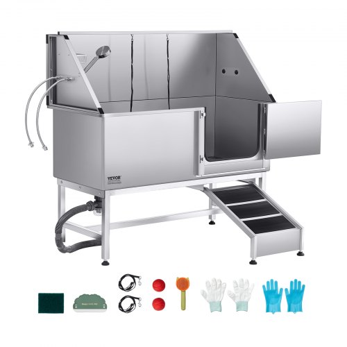 

VEVOR Stazione di Lavaggio per Cani in Acciaio Inox, Vasca per Toelettatura per Animali Domestici di Grandi, Medie e Piccole Dimensioni 157,48 cm con Rampa, Pannello Filtro per Acqua, Porta Destra