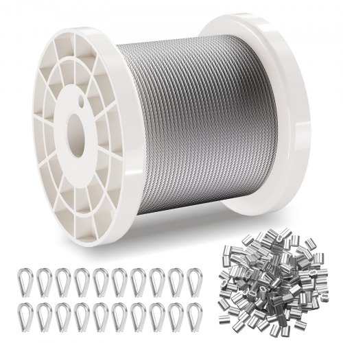 

VEVOR Kit di Cavi Metallici da 1,59 mm 100,6 m Cavo in Acciaio Inossidabile 304, 80 Manicotti, 20 Redanelli, Resistenza alla Rottura di 2 KN Trefoli 7 x 7 di Qualità Aeronautica Marina per Recinzioni