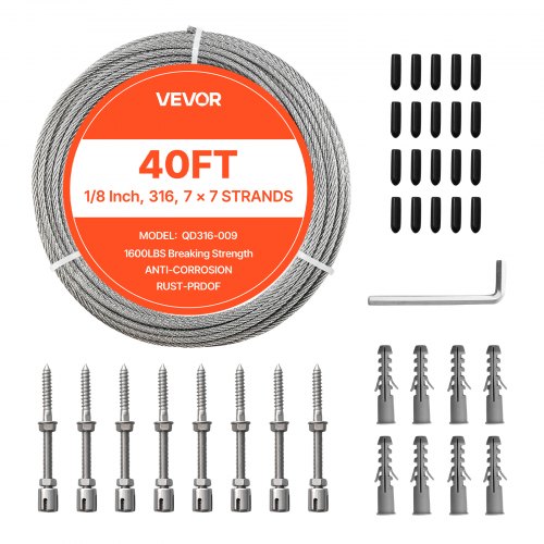 

VEVOR Kit di Cavi Metallici da 3,2 mm, Lunghezza 12,2 m, Cavo in Acciaio Inossidabile 316, Resistenza alla Rottura 7,1 KN, Struttura a 7 x 7 Fili, per Sistema di Ringhiere per Ponti, Luci a Stringa