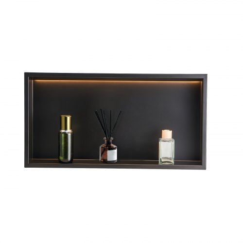 

VEVOR Nicchia per Doccia, 33,0 x 63,5 x 10,2 cm, Nicchia in Acciaio Inossidabile da Incasso a Parete con Striscia LED, Porta Sapone e Shampoo, Sigillato Impermeabile, Singolo Strato, Nero