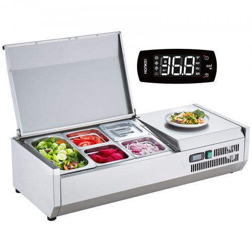 

VEVOR Stazione di Preparazione Refrigerata per Condimenti da Banco 140 W Stazione di Preparazione per Frigorifero 1 Vaschetta 1/3, 4 vaschette 1/6, Tavolo per Preparazione in Acciaio Inossidabile