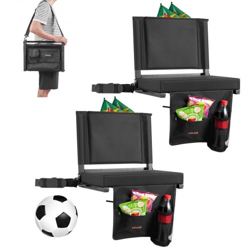

VEVOR Sedia da Stadio Pieghevole con Schienale Seduta Imbottita con Tracolla Larghezza 431,8 mm Gancio e Tasca Laterale Sedile a Pavimento per Eventi Sportivi, Confezione da 2, Colore Nero
