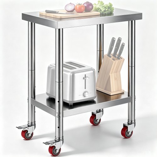 VEVOR Tavolo da Lavoro in Acciaio Inox 610 x 450 x 860 mm, Capacità di Carico di 180kg con 4 Ruote, 3 Livelli di Altezza Regolabili, Tavolo da Lavoro per Preparazione di Alimenti per per Cucina Commerciale
