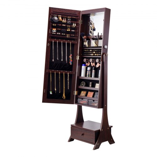 

VEVOR Specchio Portagioielli Specchio da Terra con Contenitore, Organizzatore per Gioielli Serratura Specchio a Figura Intera con Luce LED Interna, Cassetto Mobile Portagioielli Autoportante, Marrone