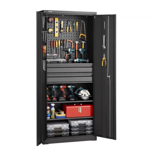 

VEVOR Armadio Portaoggetti in Metallo, Armadio Porta Attrezzi, Portata per Ripiano Fino a 81,5 kg, Altezza 180 cm, 2 Ante con Serratura e Ripiani Regolabili, 2 Cassetti e Pannello Forato, per Garage